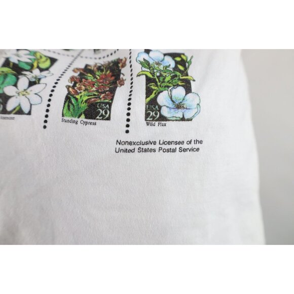 Vtg 90s Streetwear Womens XL Distressed USPS Postage Stamps Flower T-Shirt USA - Picture 12 of 16